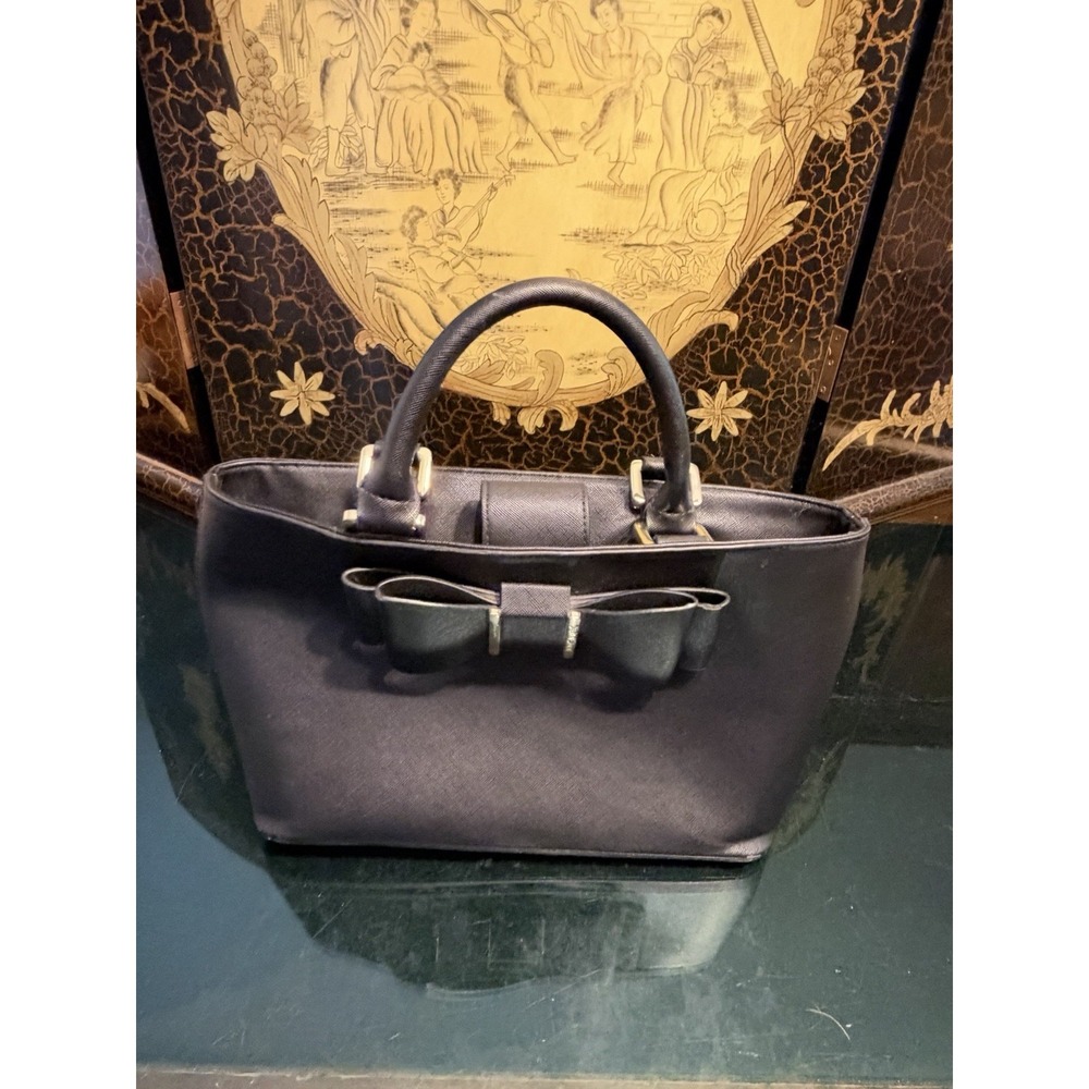 Betsey Johnson Black Bow Satchel Handbag Floral Lining Crossbody Strap Purse